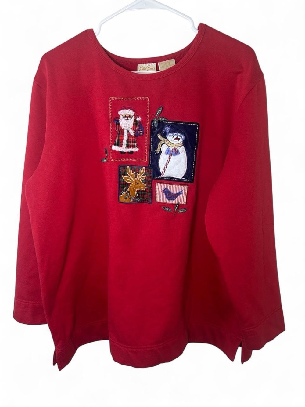 Bobbie Brooks Red Christmas Patchwork Whimsical Crewneck
